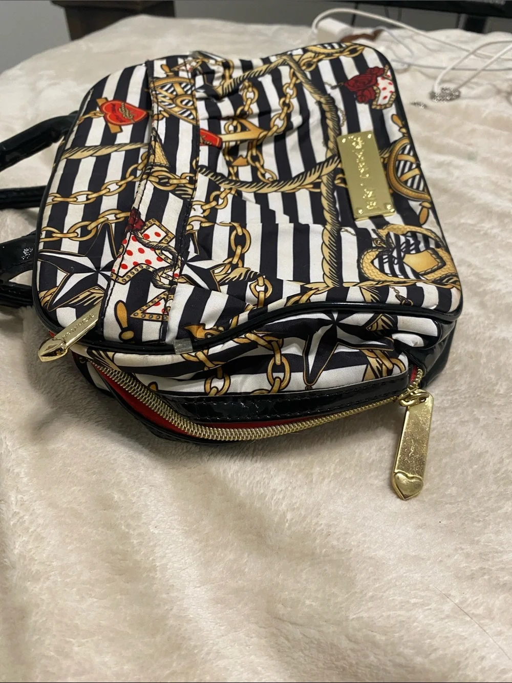 Betsey Johnson High Seas Honey Nautical Satchel Black White Stripes Gold Chains